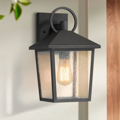 John Timberland Westmont 13 3/4" High Modern Outdoor Wall Light Fixture Mount Porch House Set Of 2 Weatherproof Sand Black Aluminum Seeded Glass Shade