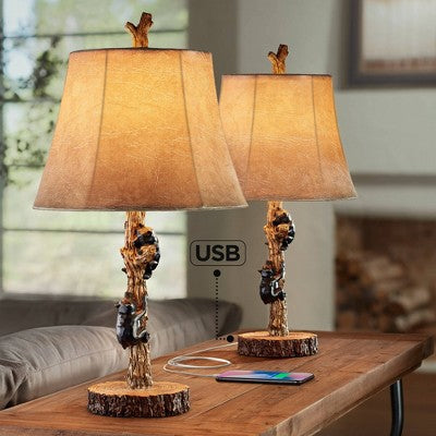 John Timberland Climbing Bears Rustic Accent Table Lamps 22 1/2" High Set Of 2 Brown Faux Wood With USB Charging Port Faux Leather Shade For Desk