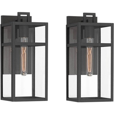 John Timberland San Lucas 14 1/2" High Modern Outdoor Wall Light Fixture Mount Porch House Set Of 2 Weatherproof Sand Black Metal Clear Glass Shade