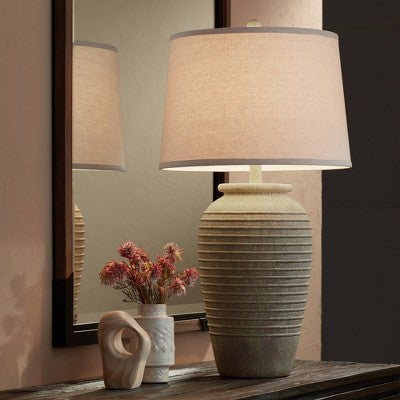 John Timberland Austin 28" Tall Jug Southwest Farmhouse Rustic Table Lamps Set Of 2 Sand Toned Ridged Finish Cream Shade Living Room Bedroom Bedside