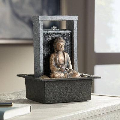 Meditating Buddha 11" High Small Indoor Decor Faux Stone Tabletop Fountain Waterfall Desk Relaxation Bedroom Living Room