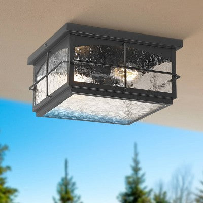 John Timberland Braylon 12" Wide Black And Hammered Glass Outdoor Ceiling Light