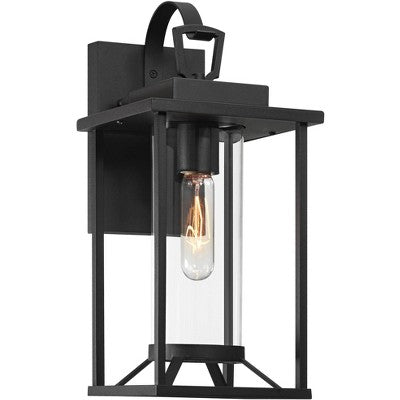 John Timberland Frederick 15 1/2" High Industrial Outdoor Wall Light Fixture Mount Porch House Weatherproof Sand Black Finish Metal Clear Glass Shade