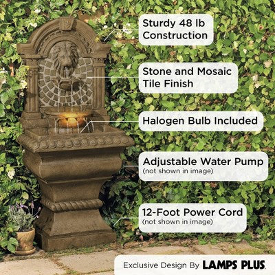 Royal Lions Head 51" High Large Italian Outdoor Decor Faux Stone Floor Fountain With Light Waterfall Outside Garden Patio Yard