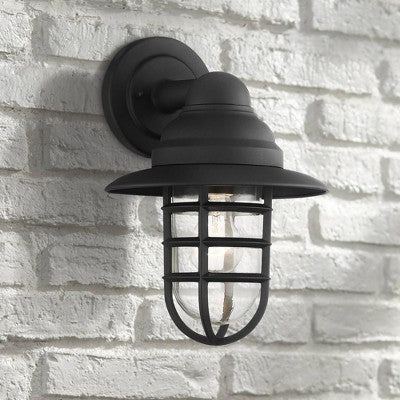 John Timberland Marlowe Rustic Industrial Outdoor Wall Light Fixtures Set Of 2 Black Hooded Cage 13" Clear Glass For Post Exterior Barn
