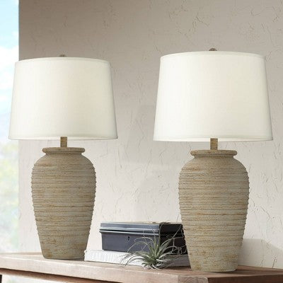 John Timberland Austin 28" Tall Jug Southwest Farmhouse Rustic Table Lamps Set Of 2 Sand Toned Ridged Finish Cream Shade Living Room Bedroom Bedside