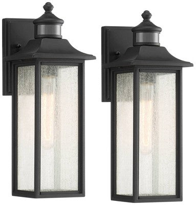 John Timberland Mission Outdoor Wall Light Fixtures Set Of 2 Black Motion Sensor 16 1/2" Seeded Glass For Post Exterior Barn Deck