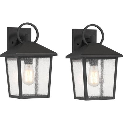 John Timberland Westmont 13 3/4" High Modern Outdoor Wall Light Fixture Mount Porch House Set Of 2 Weatherproof Sand Black Aluminum Seeded Glass Shade