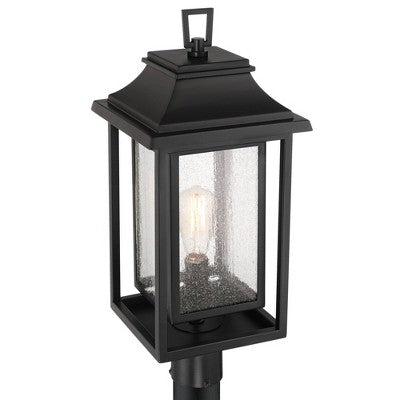 John Timberland Cecile 23 1/4" High Mission Outdoor Post Mount Light Fixture Pole Porch House Box Lantern Weatherproof Black Clear Seeded Glass Shade