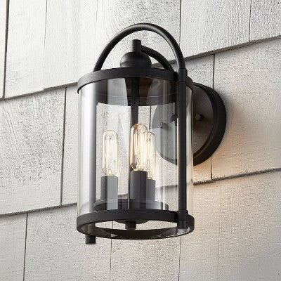 John Timberland Avani Modern Outdoor Wall Light Fixture Black Lantern 13" Clear Cylinder Glass For Post Exterior Barn Deck House Porch Yard Patio Home