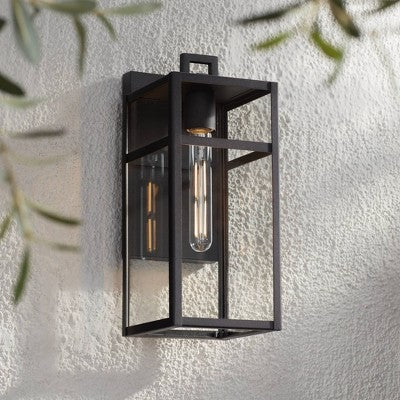 John Timberland San Lucas 14 1/2" High Modern Outdoor Wall Light Fixture Mount Porch House Set Of 2 Weatherproof Sand Black Metal Clear Glass Shade