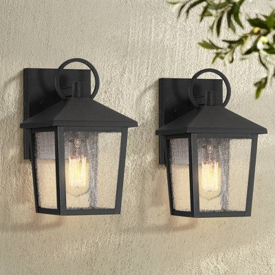 John Timberland Westmont 10 1/2" High Modern Outdoor Wall Light Fixture Mount Porch House Exterior Set Of 2 Sand Black Aluminum Seeded Glass Shade