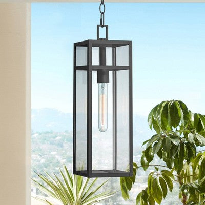 John Timberland San Lucas 19 1/2" High Modern Outdoor Pendant Light Fixture Ceiling Porch House Exterior Hanging Sand Black Metal Clear Glass Shade