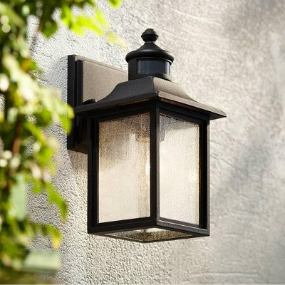 John Timberland Moray Bay Mission Outdoor Wall Light Fixture Black Motion Sensor Dusk To Dawn 11 1/2" Seedy Glass For Post Exterior Barn Deck House
