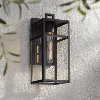 John Timberland San Lucas 14 1/2" High Modern Outdoor Wall Light Fixture Mount Porch House Exterior Weatherproof Sand Black Metal Clear Glass Shade