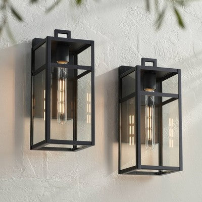 John Timberland San Lucas 14 1/2" High Modern Outdoor Wall Light Fixture Mount Porch House Set Of 2 Weatherproof Sand Black Metal Clear Glass Shade