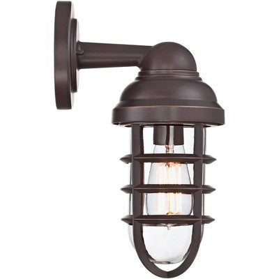 John Timberland Marlowe Industrial Outdoor Wall Light Fixtures Set Of 2 Bronze Metal Cage 13 1/4" Clear Glass For Post Exterior Barn Deck House Porch